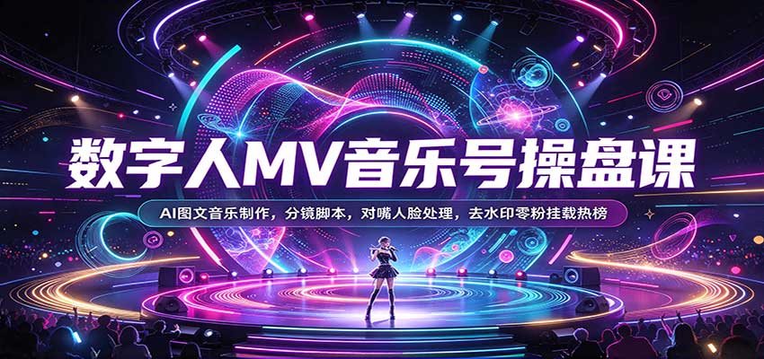 数字人MV音乐号操盘课：AI图文音乐制作，分镜脚本，对嘴人脸处理，去水印零粉挂载热榜-卓越网创