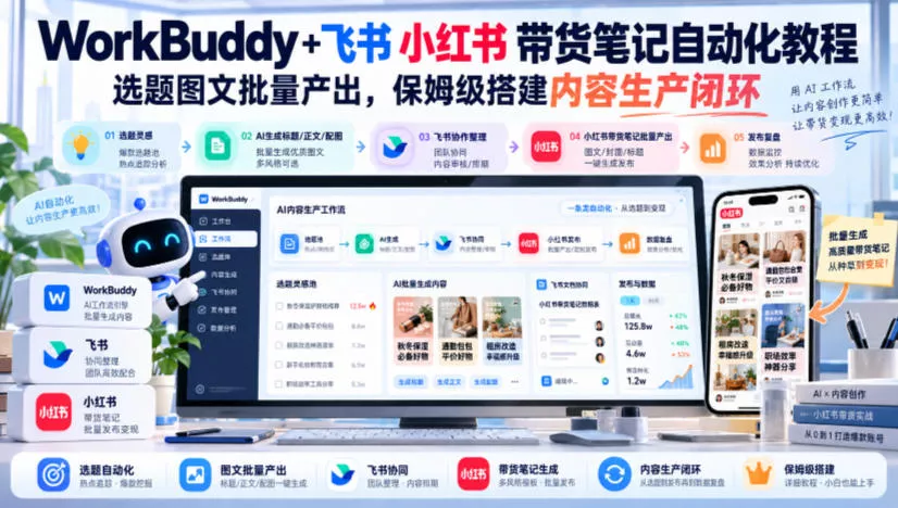 WorkBuddy+飞书小红书带货笔记自动化教程,选题图文批量产出,保姆级搭建内容生产闭环【文档】 WorkBuddy+飞书小红书带货笔记自动化教程,选题图文批量产出,保姆级搭建内容生产闭环【文档】
