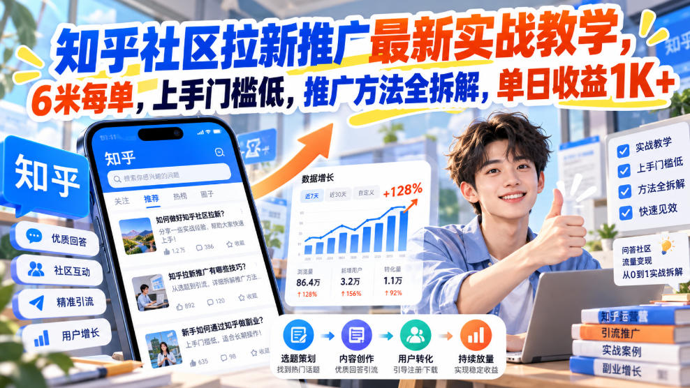 知乎社区拉新推广最新实战教学，6米每单，上手门槛低，推广方法全拆解，单日收益1K+！-卓越网创