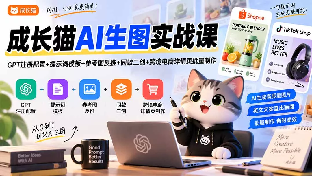 成长猫AI生图实战课｜GPT注册配置+提示词模板+参考图反推+同款二创+跨境电商详情页批量制作-卓越网创