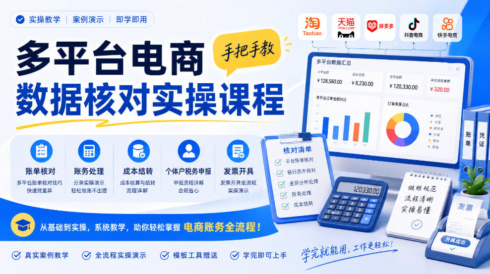 多平台电商数据核对实操课程,手把手教账单核对、账务处理、成本结转、个体户税务申报与发票开具-卓越网创
