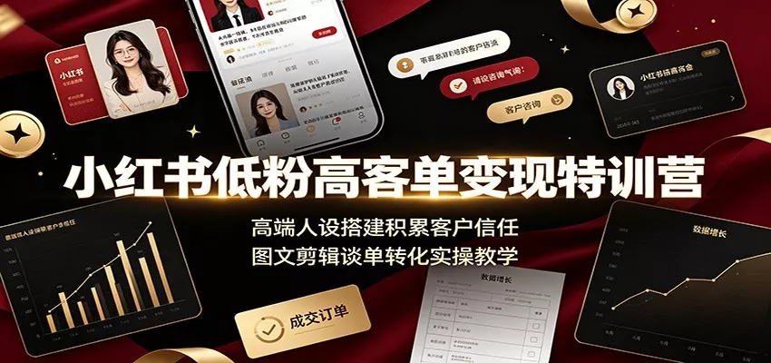 小红书低粉高客单变现特训营：高端人设搭建积累客户信任，图文剪辑谈单转化实操教学-卓越网创