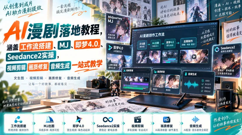 AI漫剧落地教程,涵盖工作流搭建、MJ、即梦4.0、Seedance2实操,视频剪辑画质修复音频生成一站式教学-卓越网创