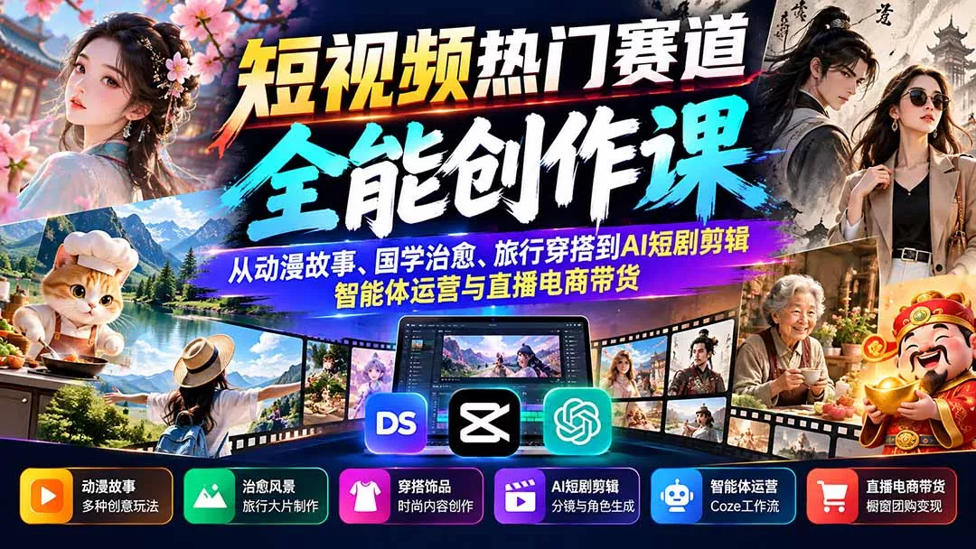 短视频热门赛道全能创作课：从动漫故事、国学治愈、旅行穿搭到AI短剧剪辑、智能体运营与直播电商带货-卓越网创