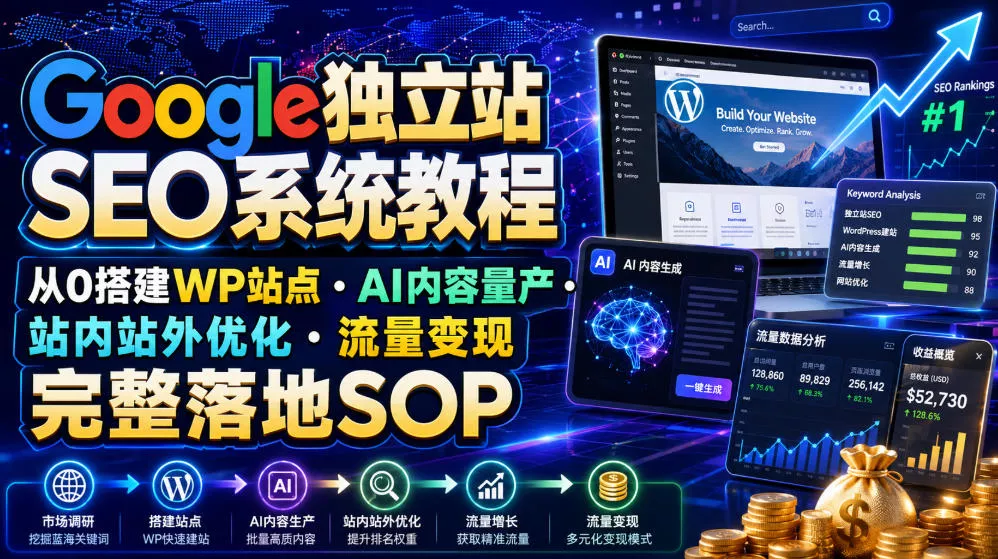 Google独立站SEO系统教程，从0搭建WP站点・AI内容量产・站内站外优化・流量变现完整落地SOP(2026年7月)-卓越网创