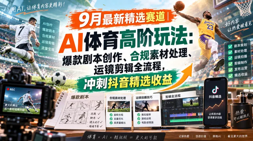 某大佬的9月最新精选赛道之AI体育顶级玩法，爆款剧本创作、版权规避、运镜剪辑全流程，稳拿抖音精选收益-卓越网创