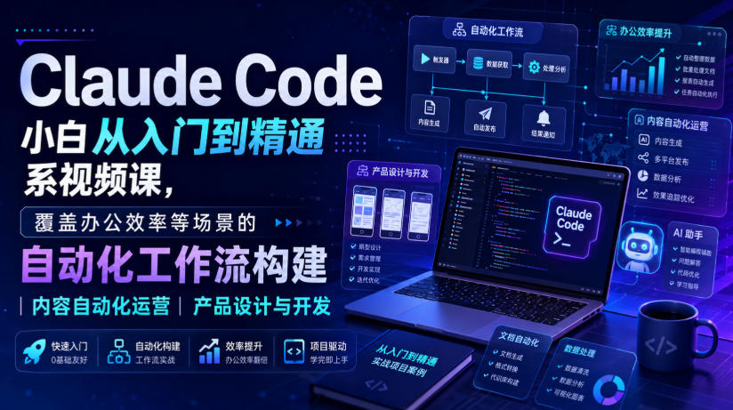 Claude Code小白从入门到精通系视频课，覆盖办公效率等场景的自动化工作流构建|内容自动化运营|产品设计与开发-卓越网创