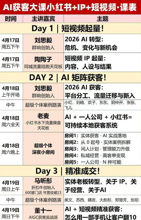 (18264期)2026AI获客大课深圳站:4月17日-19日3天2夜拆透小红书+IP+短视频,老板操盘手必来 (18264期)2026AI获客大课深圳站:4月17日-19日3天2夜拆透小红书+IP+短视频,老板操盘手必来