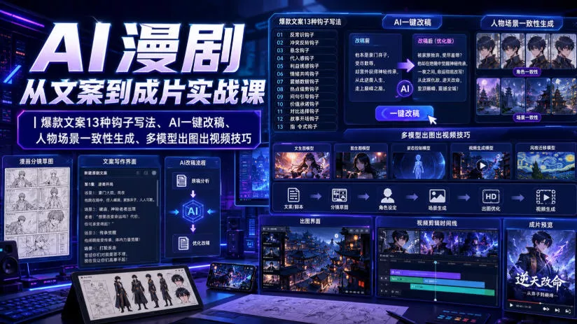 AI漫剧从文案到成片实战课|爆款文案13种钩子写法、AI一键改稿、人物场景一致性生成、多模型出图出视频技巧-卓越网创
