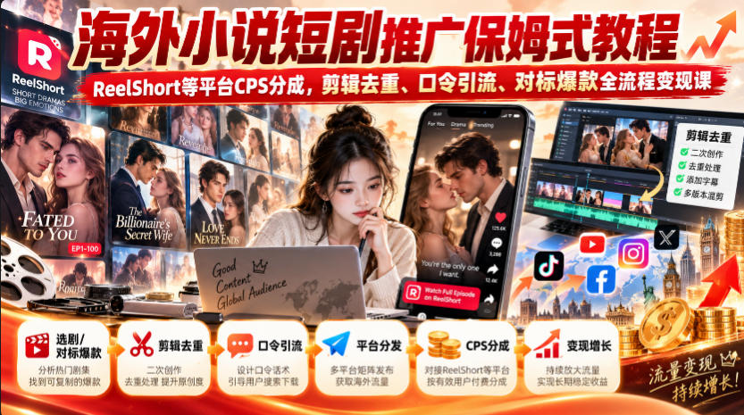海外小说短剧推广保姆式教程｜ReelShort等平台CPS分成，剪辑去重、口令引流、对标爆款全流程变现课-卓越网创