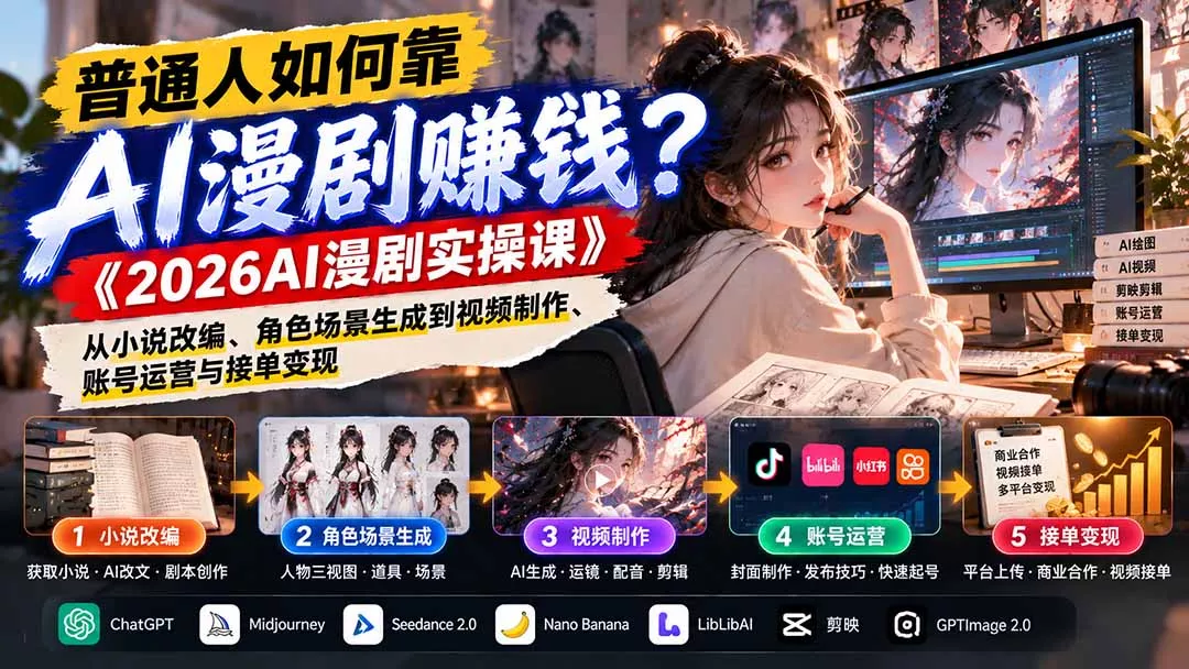 普通人如何靠AI漫剧赚钱?《2026AI漫剧实操课》从小说改编、角色场景生成到视频制作、账号运营与接单变现 普通人如何靠AI漫剧赚钱?《2026AI漫剧实操课》从小说改编、角色场景生成到视频制作、账号运营与接单变现