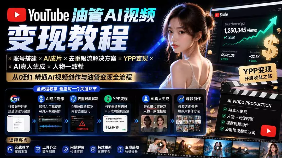YouTube油管AI视频变现教程-更新：账号搭建×AI成片×去重限流解决方案×YPP变现×AI真人生成×人物一致性-卓越网创