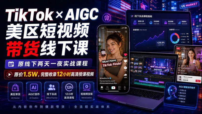 TikTok×AIGC美区短视频带货线下课,原线下两天一夜实战课程,原价1.5W,完整收录12小时高清授课视频-卓越网创