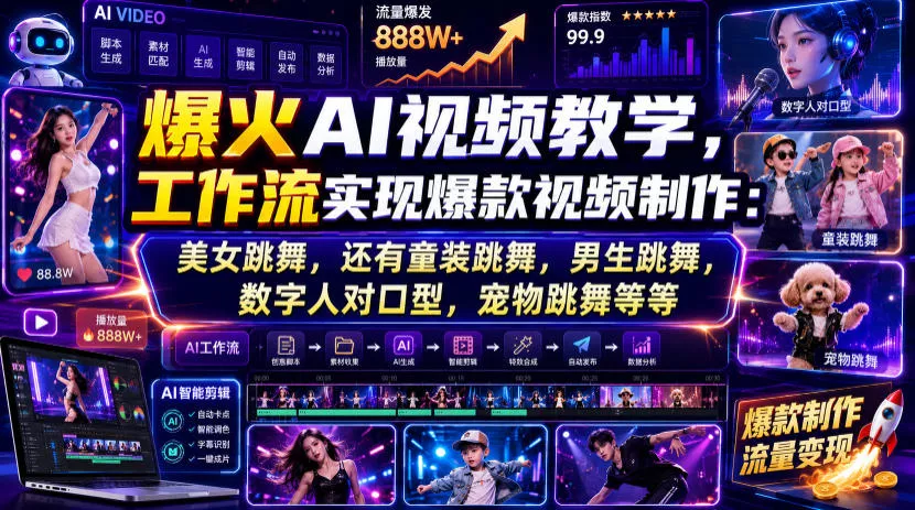 爆火AI视频教学,工作流实现爆款视频制作:美女跳舞,还有童装跳舞,男生跳舞,数字人对口型,宠物跳舞等等 爆火AI视频教学,工作流实现爆款视频制作:美女跳舞,还有童装跳舞,男生跳舞,数字人对口型,宠物跳舞等等