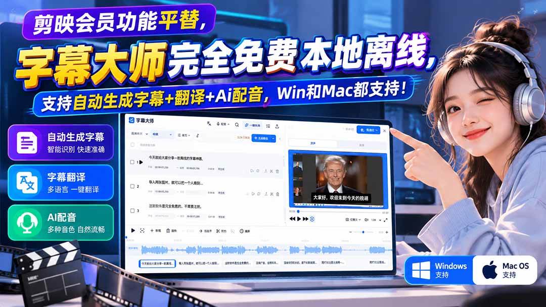 （20902期）剪映会员功能平替，字幕大师完全免费本地离线，支持自动生成字幕+翻译+Ai配音，Win和Mac都支持！-卓越网创