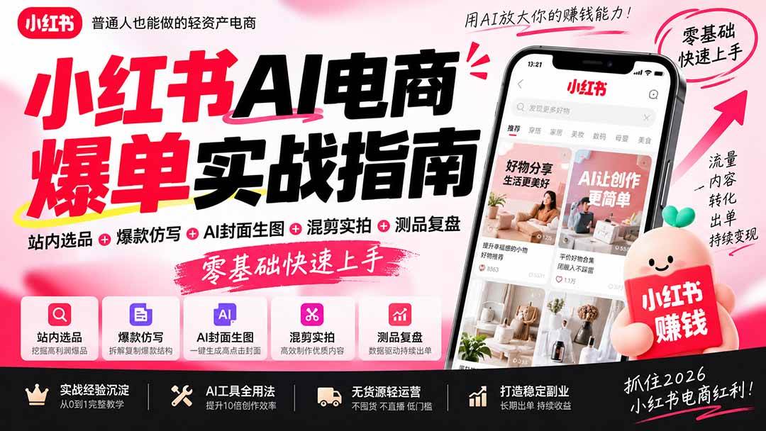 （20516期）2026小红书AI电商爆单实战指南：站内选品+爆款仿写+AI封面生图+混剪实拍+测品复盘，零基础快速上手-卓越网创