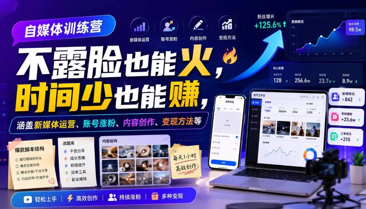 自媒体训练营，不露脸也能火，时间少也能賺，涵盖新媒体运营、账号涨粉、内容创作、变现方法等-卓越网创