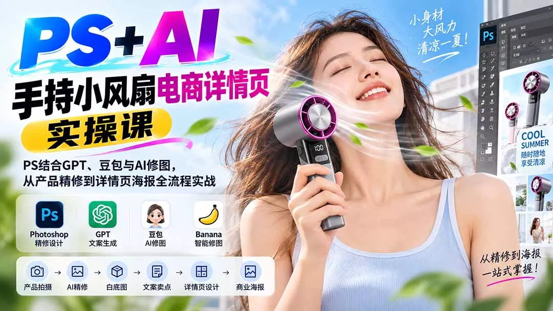 PS+AI手持小风扇电商详情页实操课:PS结合GPT、豆包与AI修图,从产品精修到详情页海报全流程实战-卓越网创