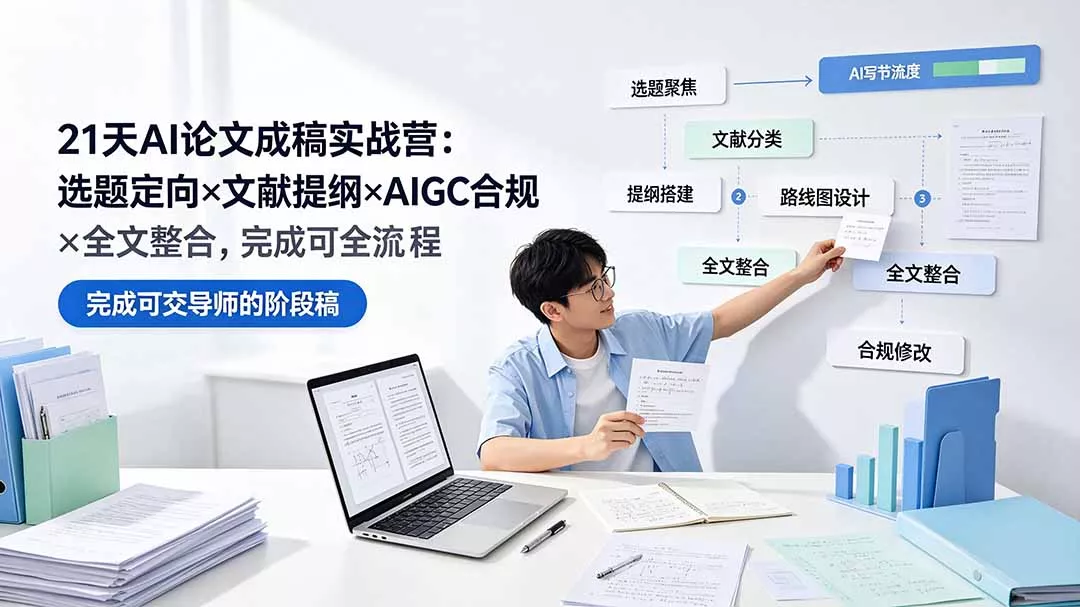 21天AI论文成稿实战营:选题定向×文献提纲×AIGC合规×全文整合,完成可交导师的阶段稿 21天AI论文成稿实战营:选题定向×文献提纲×AIGC合规×全文整合,完成可交导师的阶段稿