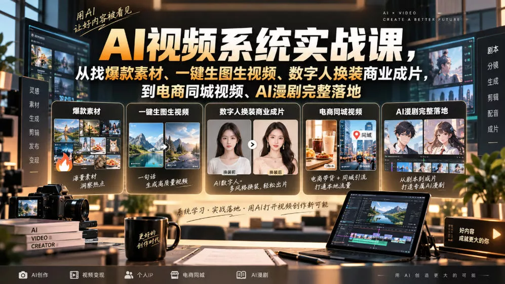 AI视频系统实战课,从找爆款素材、一键生图生视频、数字人换装商业成片,到电商同城视频、AI漫剧完整落地-卓越网创