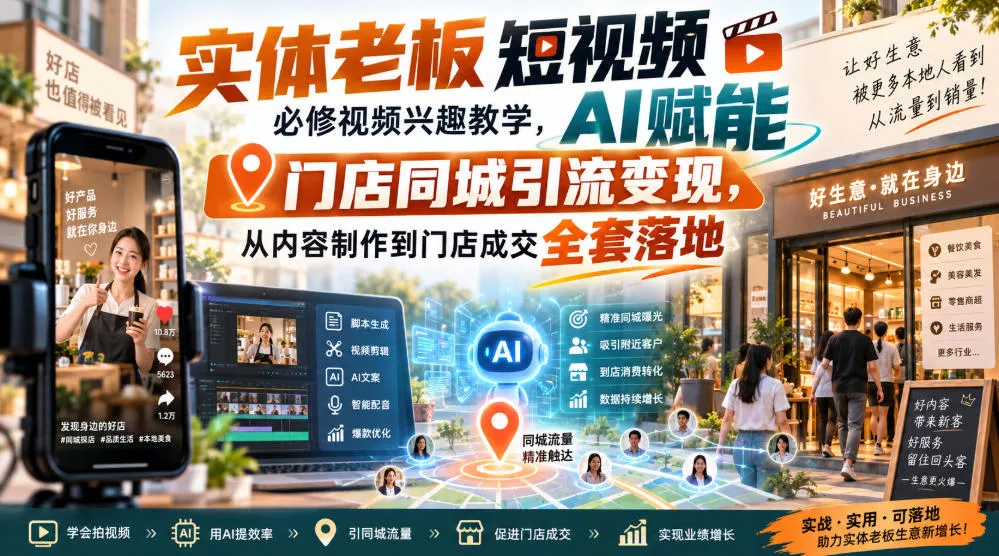 实体老板短视频必修视频兴趣教学，AI赋能门店同城引流变现，AI+短视频+直播打爆实体客流量-卓越网创