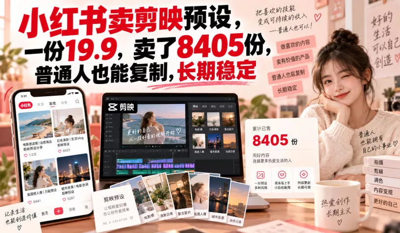 小红书卖剪映预设，一份19.9，卖了8405份，普通人也能复制，长期稳定-卓越网创