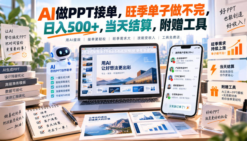 AI做PPT接单,旺季单子做不完,日入500+,当天结算,附赠工具【揭秘】-卓越网创