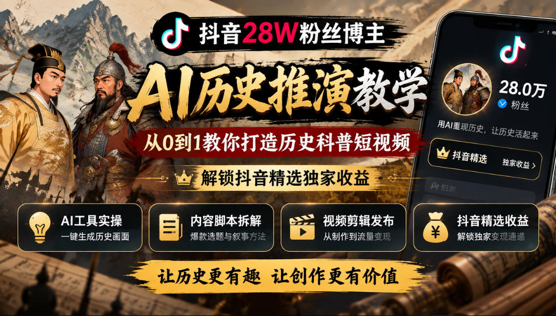 抖音28W粉丝博主的AI历史推演教学，从0到1教你打造历史科普短视频，解锁抖音精选独家收益-卓越网创