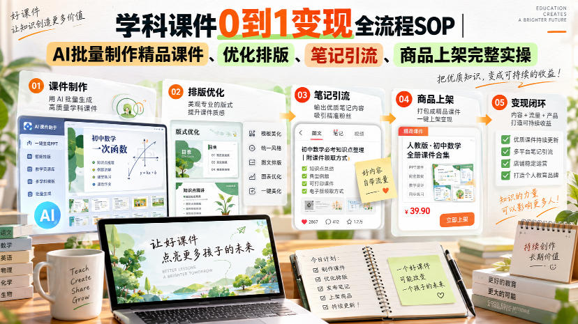 学科课件0到1变现全流程SOP｜AI批量制作精品课件、优化排版、笔记引流、商品上架完整实操-卓越网创