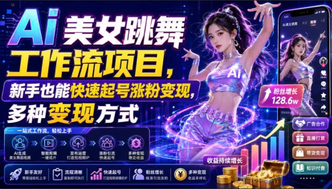Ai美女跳舞工作流项目，新手也能快速起号涨粉变现，多种变现方式-卓越网创