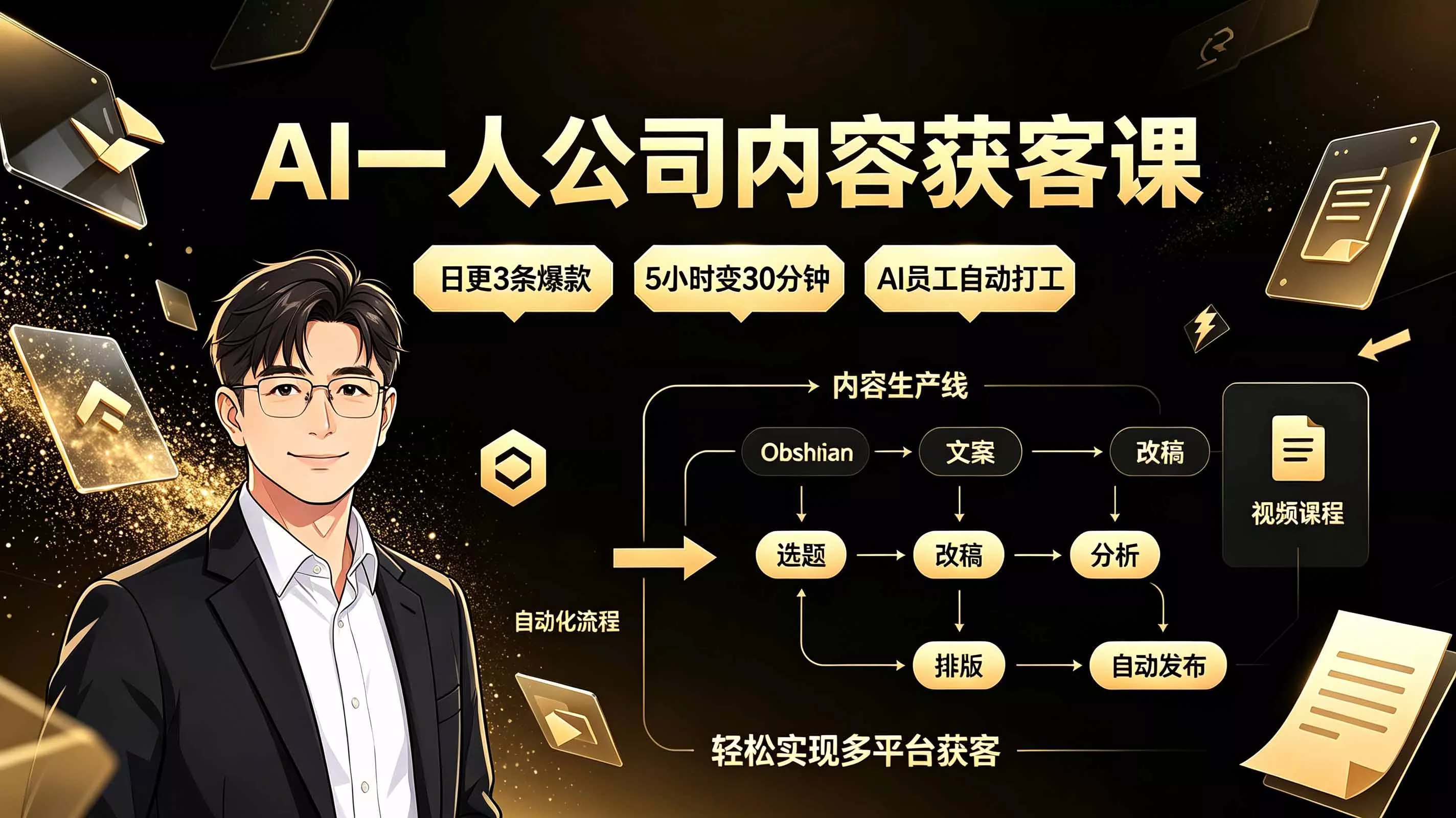 AI一人公司内容获客课：日更3条爆款×5小时变30分钟×AI员工自动打工，轻松实现多平台获客-卓越网创