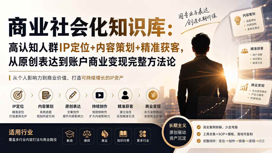 （19733期）商业社会化知识库：高认知人群IP定位+内容策划+精准获客，从原创表达到账户商业变现完整方法论-卓越网创