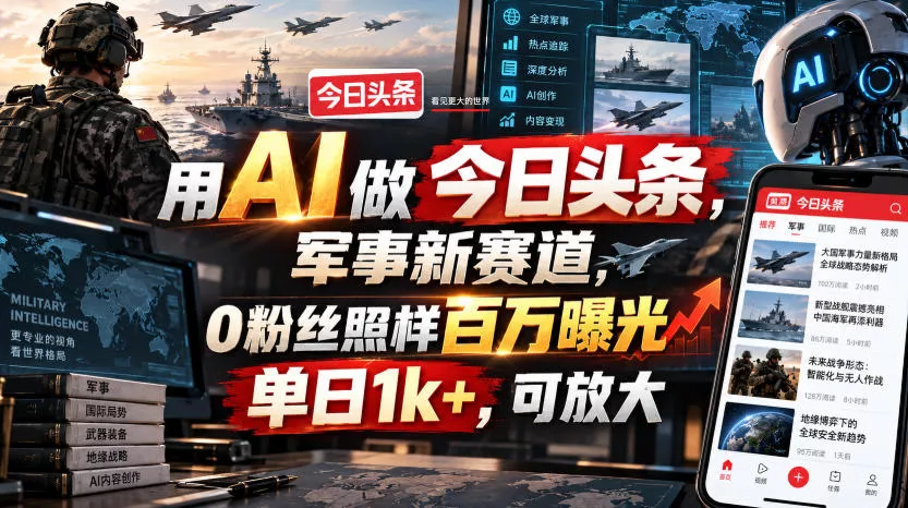 用AI做今日头条，军事新赛道，0粉丝照样百万曝光，单日1k+，可放大-卓越网创