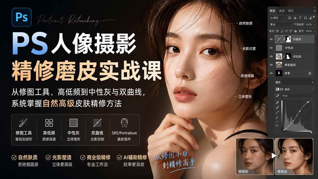 （20061期）PS人像摄影精修磨皮实战课：从修图工具、高低频到中性灰与双曲线，系统掌握自然高级皮肤精修方法-卓越网创