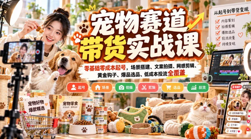宠物赛道带货实战课，零基础零成本起号，场景搭建、文案拍摄、网感剪辑、黄金钩子、爆品选品、低成本投流全覆盖-卓越网创