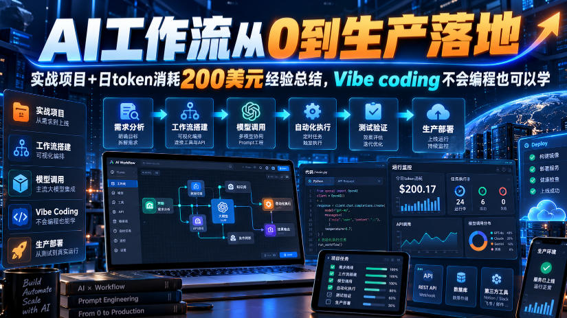 AI工作流从0到生产落地，实战项目+日token消耗200美刀经验总结，Vibe coding不会编程也可以学-卓越网创