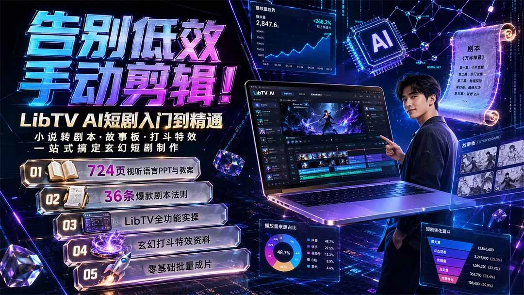 告别低效手动剪辑!LibTV AI短剧入门到精通,小说转剧本方法,故事板打斗特效一站式搞定玄幻短剧制作-卓越网创
