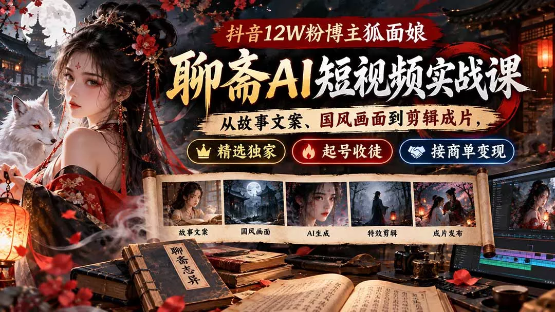 抖音12W粉博主狐面娘-聊斋AI短视频实战课:从故事文案、国风画面到剪辑成片,精选独家+起号收徒+接商单变现 抖音12W粉博主狐面娘-聊斋AI短视频实战课:从故事文案、国风画面到剪辑成片,精选独家+起号收徒+接商单变现