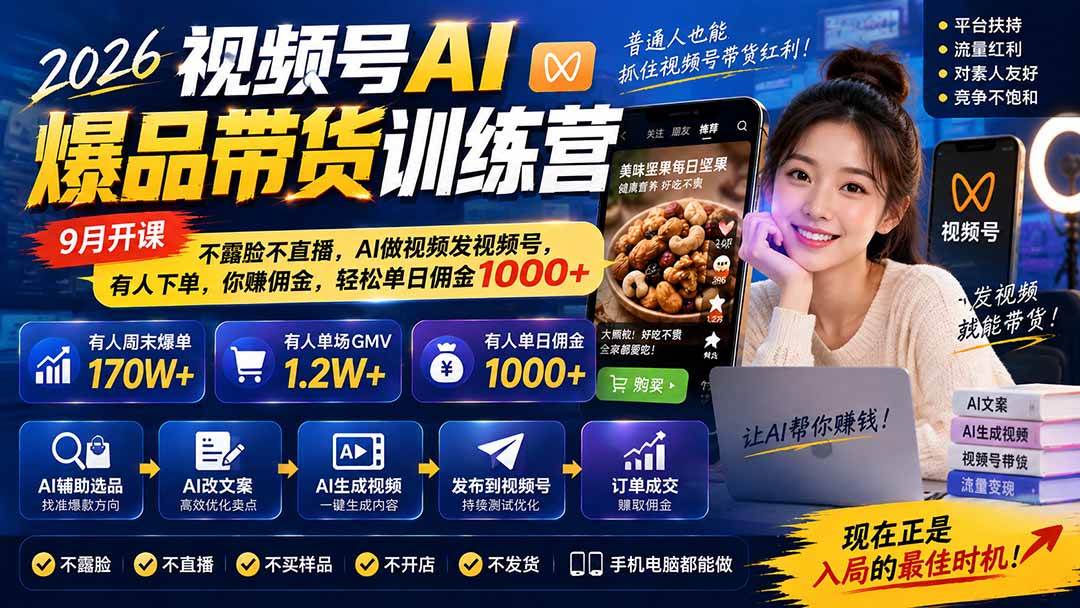 （20537期）2026视频号AI爆品带货训练营-9月开课｜不露脸不直播，AI做视频发视频号，有人下单，你赚佣金，轻松单日佣金1000+-卓越网创