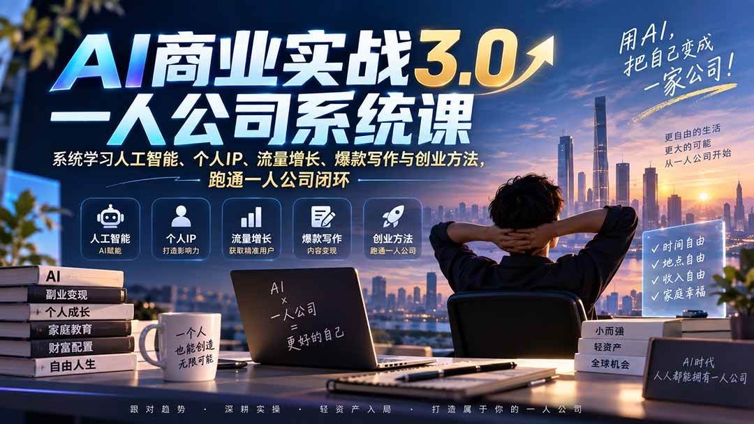 (20249期)AI商业实战3.0一人公司系统课:系统学习人工智能、个人IP、流量增长、爆款写作与创业方法,跑通一人公司闭环-卓越网创