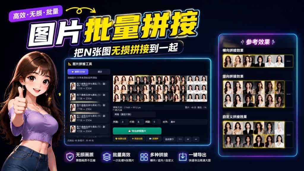（20005期）图片批量拼接，把N张图无损拼接到一起，支持横向、竖向、自定义等功能-卓越网创