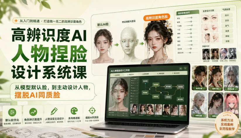 高辨识度AI人物捏脸设计系统课，从模型默认脸，到主动设计人物，摆脱AI同质脸-卓越网创