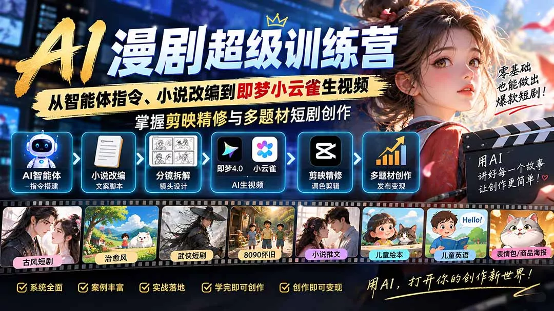 AI漫剧超级特训营：从智能体指令、小说改编到即梦小云雀生视频，掌握剪映精修与多题材短剧创作-卓越网创