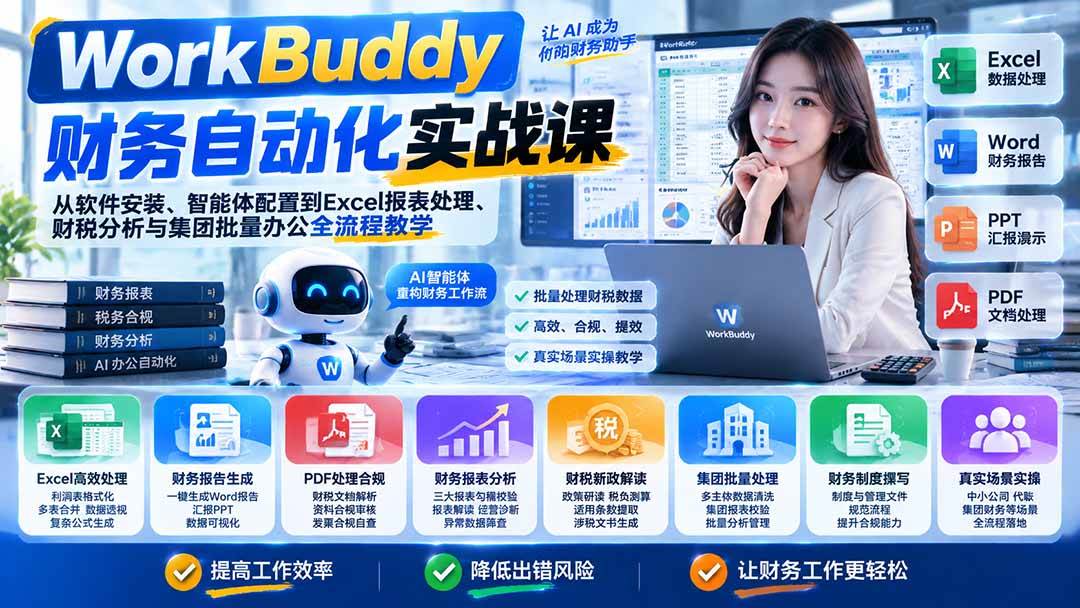 （21131期）WorkBuddy财务自动化实战课：从软件安装、智能体配置到Excel报表处理、财税分析与集团批量办公全流程教学-卓越网创