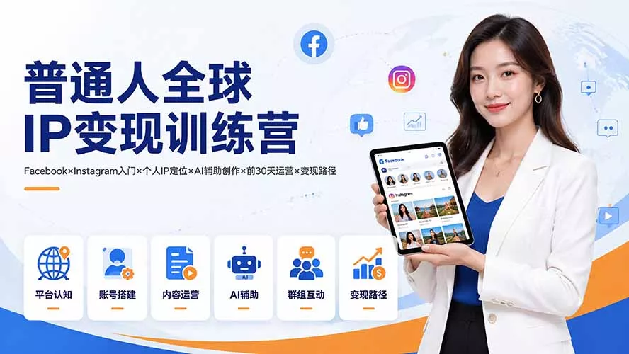 普通人全球IP变现训练营:Facebook×Instagram入门×个人IP定位×AI辅助创作×前30天运营×变现路径-卓越网创