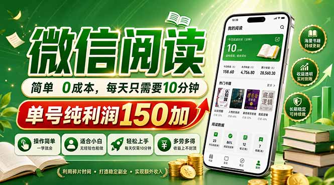 最新微信阅读，每日10分钟，单号利润150+，可批量放大操作，简单0成本-卓越网创