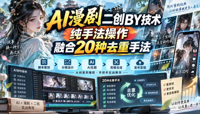 AI漫剧二创搬运技术,纯手法操作,融合20种去重手法-卓越网创