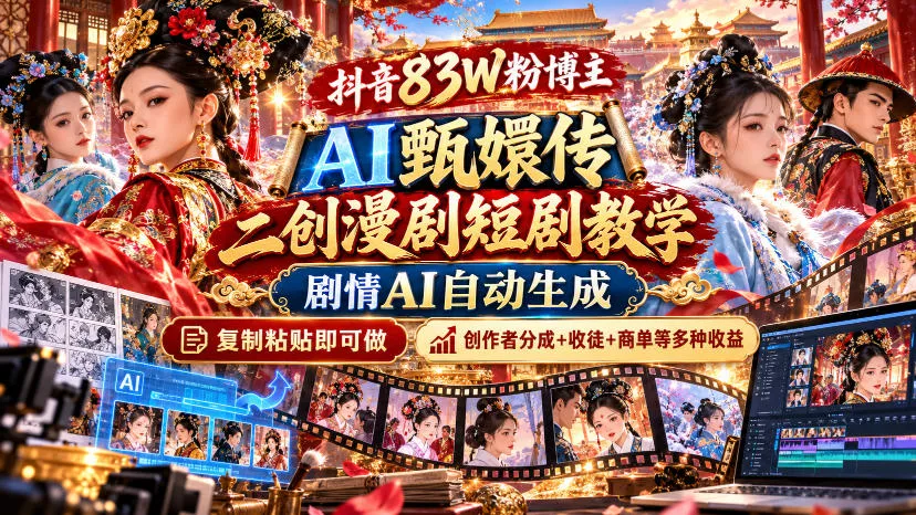 抖音83W粉博主AI甄嬛传二创漫剧短剧教学｜剧情AI自动生成，复制粘贴即可做，各大平台创作者分成+收徒等多种收益-卓越网创