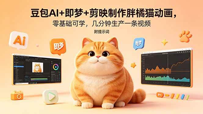 （18431期）豆包AI+即梦+剪映制作胖橘猫动画，零基础可学，几分钟生产一条视频，附提示词-卓越网创