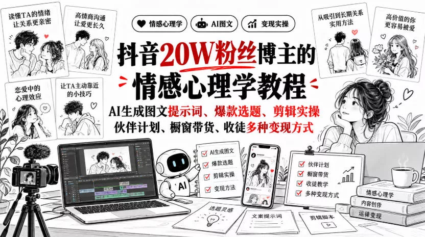 抖音20W粉丝博主静候心声的情感心理学教程，AI生成图文提示词、爆款选题、剪辑实操，伙伴计划、橱窗带货、收徒多种变现方式-卓越网创